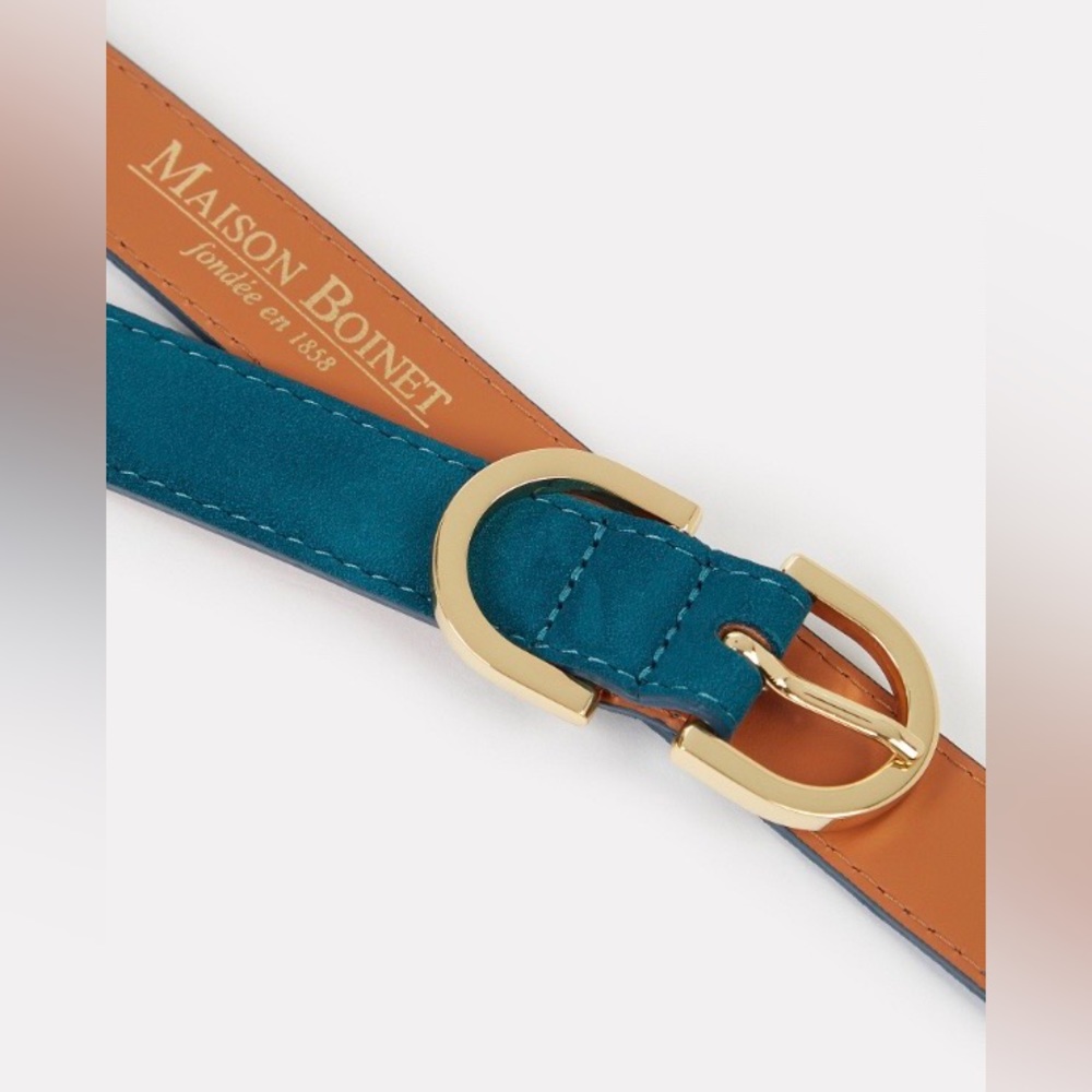 Maison Boinet Skinny Nubuck Leather Belt in Deep Turquoise w Gold Buckle 75